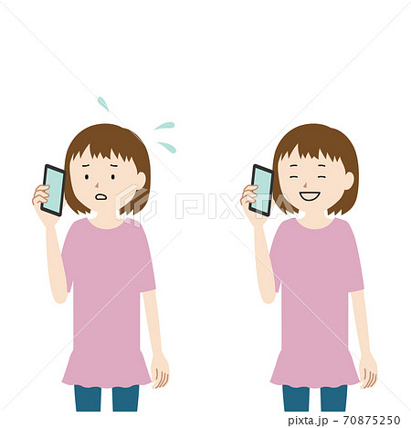 スマホで通話している女の子のイラストセット 不安 安心 のイラスト素材