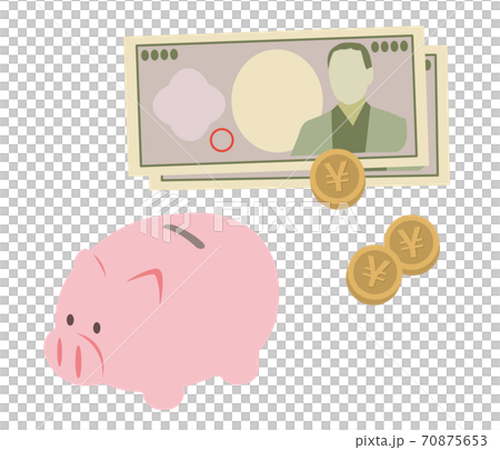 お金と豚の貯金箱のイラストセット お金と豚の貯金箱のイラストセット 70875653