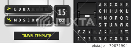 Airline departure board with Dubai to Moscow flight. Flip airport board font template. Black 3D airport timetable with Date of trip. Analog scoreboard font 70875904