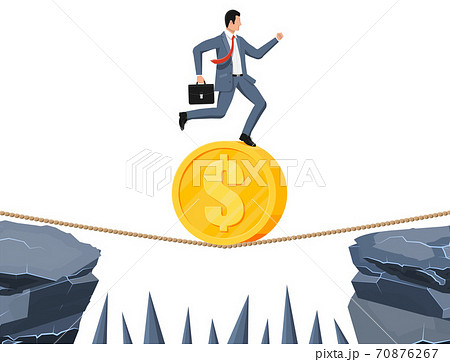 Businessman on coin walking on rope Businessman on coin walking on rope 70876267