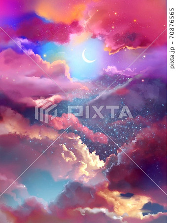夢かわいいカラフルな雲と月の背景イラストのイラスト素材