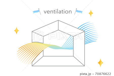 換気のイラスト 流線形のカラフルなグラデーションの風 シンプルな家のシルエットのイラスト素材