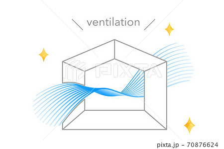 換気のイラスト 流線形のブルーのグラデーションの風 シンプルな家のシルエットのイラスト素材