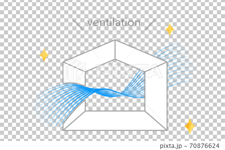 換気のイラスト、流線形のブルーのグラデーションの風、シンプルな家のシルエット 70876624