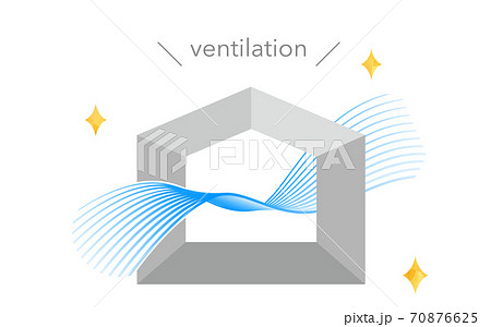 換気のイラスト 流線形のブルーのグラデーションの風 シンプルな家のシルエットのイラスト素材