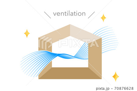 換気のイラスト 流線形のブルーのグラデーションの風 シンプルな家のシルエットのイラスト素材