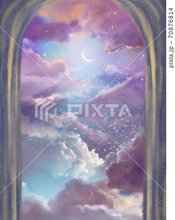 天国の入り口と夢かわいい幻想的な雲と三日月の背景風景イラストのイラスト素材
