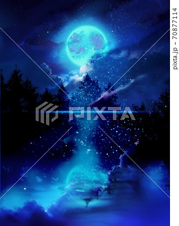 北欧の湖に反射する満月と星空と漂う雲のイラスト素材