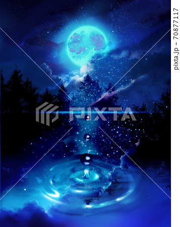 北欧の湖に反射する満月と星空と漂う雲のイラスト素材