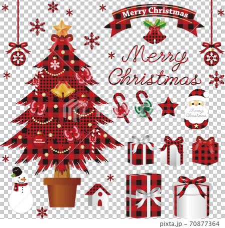 Christmas tree, gifts and ornaments red plaid... - Stock Illustration