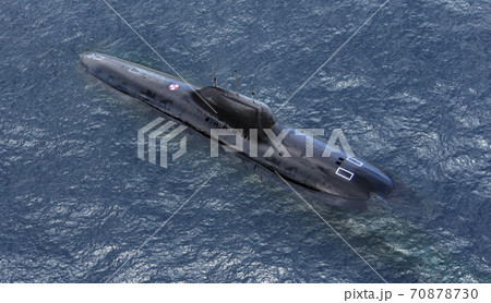Military naval submarine on sea surface 70878730