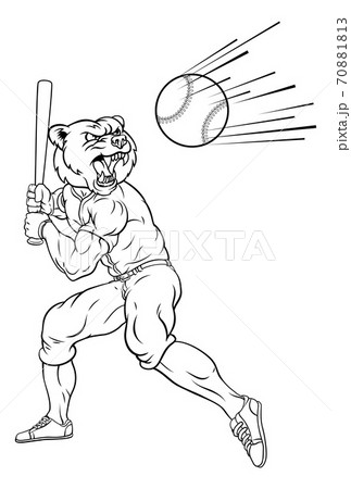 Bear Baseball Player Mascot Swinging Bat at Ballのイラスト素材