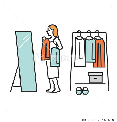 鏡を見ながら服を選んでいる女性のイラスト素材のイラスト素材