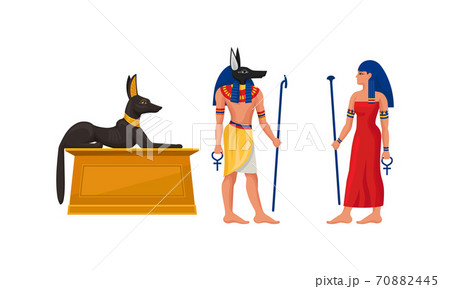 Egypt Attribute with Anubis Deity and Mummy Case Vector Set 70882445