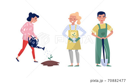 Eco Friendly People Characters Watering and Cultivating Plants Vector Illustration Set 70882477