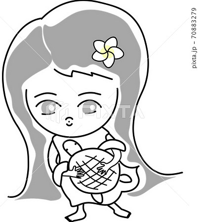 亀を抱いたハワイアンの少女のイラスト素材 7079