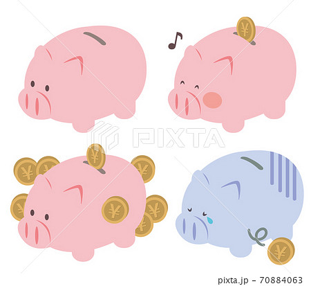 お金と豚の貯金箱のイラストセットのイラスト素材