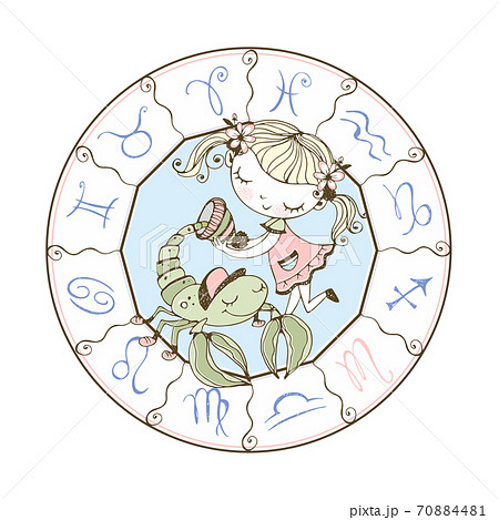 Children's zodiac. The zodiac sign is Scorpio. A cute girl puts on a Scorpion hat. Vector Children's zodiac. The zodiac sign is Scorpio. A cute girl puts on a Scorpion hat. Vector 70884481