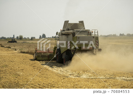 Combine harvester agriculture machine harvesting golden ripe wheat field. Agriculture. Combine harvester harvesting wheat with dust straw in the air. Heagy agricultural machinery. 70884553