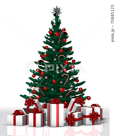 クリスマスツリーと赤いリボンのプレゼントのイラスト素材
