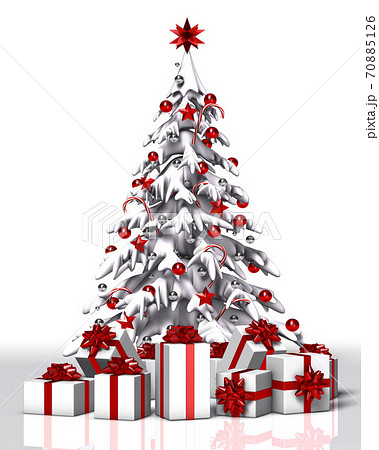 雪のクリスマスツリーと赤いリボンのプレゼントのイラスト素材