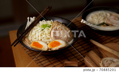 Tonkotsu ramen with pork bone based soup, traditional Japan noodle 70885201