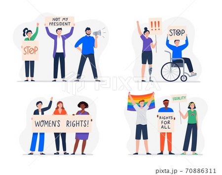 A set of different protest people with banners. 70886311