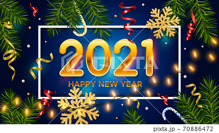 New Years and Christmas blue background with golden numbers 2021, realistic pine branches, candy, glitter gold snowflakes and tinsel. New Years and Christmas poster, greeting card, banner 70886472
