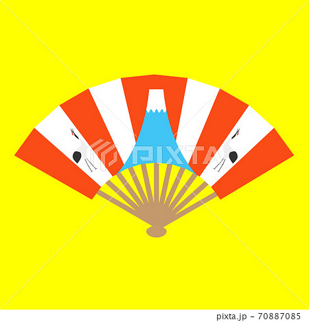 黄色背景に紅白の旭、富士山、鶴が描かれたおめでたい柄の扇子　（新年、初日の出のイメージ） 70887085
