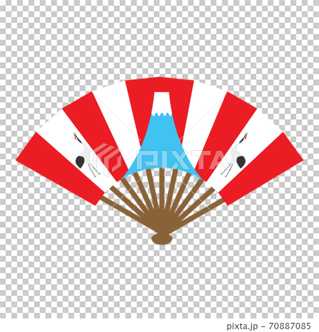 黄色背景に紅白の旭、富士山、鶴が描かれたおめでたい柄の扇子　（新年、初日の出のイメージ） 70887085