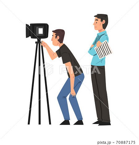 M Cameraman Shooting with Video Camera on Tripod, Anchorman Standing Next to Him, Television Industry Concept Cartoon Style Vector Illustration 70887175