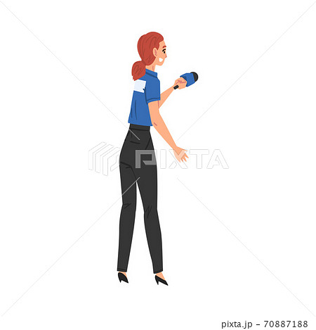 Woman Reporter with Microphone Interviewing Somebody, Television Industry Concept Cartoon Style Vector Illustration Woman Reporter with Microphone Interviewing Somebody, Television Industry Concept Cartoon Style Vector Illustration 70887188