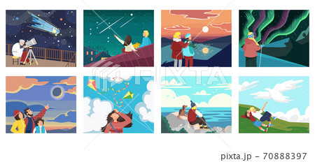 Set of people looking at sky vector illustration. Observation, inspiration and romantic. Scientist with telescope, tourist traveling. Set of people looking at sky vector illustration. Observation, inspiration and romantic. Scientist with telescope, tourist traveling. 70888397