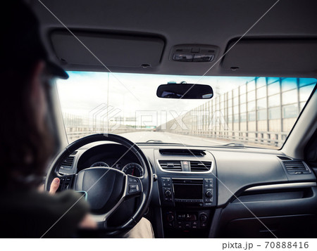 Rear view from car on highway. Driving car Rear view from car on highway. Driving car 70888416