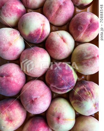 Group of ripe and fresh peach at farmers market. Food shop with vegetables. Mobile photo 70888548