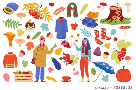 Autumn, fall season objects collection set for decoration, vector illustration isolated on white. Scrapbook elements for autumn party. 70888552
