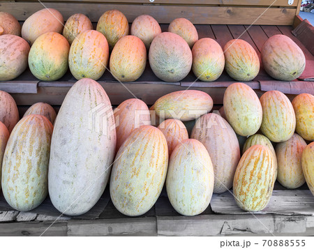 Group of ripe and fresh melon at farmers market. Food shop with vegetables. Mobile photo 70888555