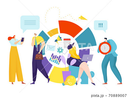 Teamwork routine, employee job in team vector illustration. Worker at corporate company workplace, busy manager at desk. 70889007