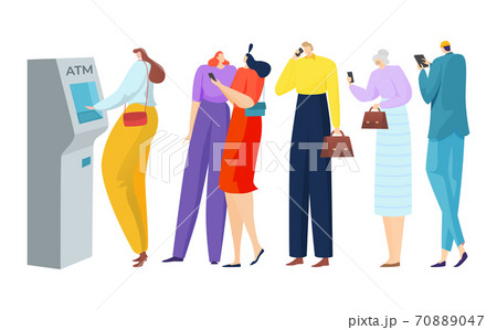 Atm bank queue for man woman person character with cash vector illustration. Cartoon machine technology for male female terminal payment. 70889047