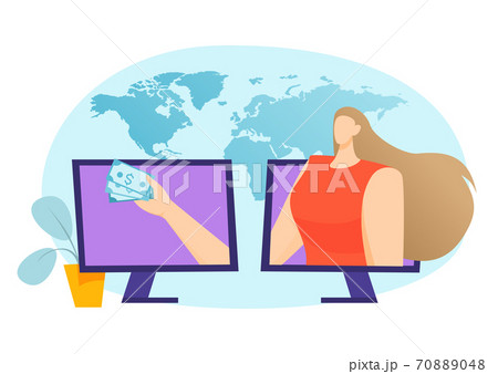 Internet business online transfer technology, woman make digital payment in computer vector illustration. Finance money flat electronic pay 70889048