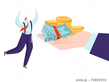 Business boss give money salary to employee, financial cash pay vector illustration. Businessman dollar payment in people hand concept. Business boss give money salary to employee, financial cash pay vector illustration. Businessman dollar payment in people hand concept. 70889050
