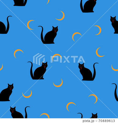 Seamless pattern Cats black and crescent on blue, vector eps 10 Seamless pattern Cats black and crescent on blue, vector eps 10 70889613