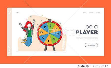 Lucky Woman Character Win Jackpot Landing Page Template. Bingo Lottery, Fortune Wheel in Casino, Gaming House, Raffle 70890217