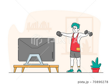 Healthy Lifestyle. Sportsman Training at Home front of Television. Man in Sportswear Workout with Weight, Exercises 70890278