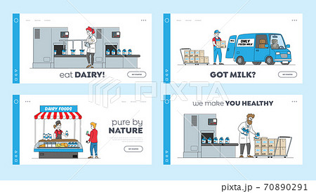 Dairy Production Manufacturing on Plant Landing Page Template Set. Factory Worker Characters at Conveyor Belt with Milk 70890291
