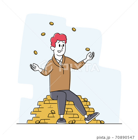 Rich Man Juggling with Gold Coins Sitting on Pile of Golden Bars. Successful Businessman, Investor or Lottery Winner Rich Man Juggling with Gold Coins Sitting on Pile of Golden Bars. Successful Businessman, Investor or Lottery Winner 70890547