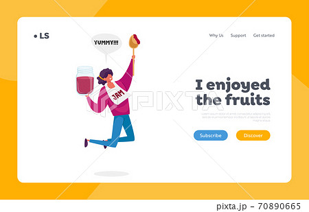 Homemade Preserve Production, Yummy Snack Landing Page Template. Tiny Female Character Happily Jumping with Huge Jam Jar 70890665