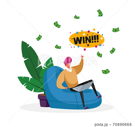 Happy Male Character Sitting with Laptop Comfortable Armchair Celebrate Win in Online Casino with Money Falling from Sky Happy Male Character Sitting with Laptop Comfortable Armchair Celebrate Win in Online Casino with Money Falling from Sky 70890668