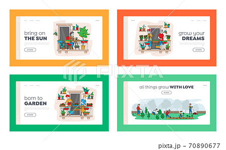 Characters Care of Home Plants at Balcony Garden Landing Page Template Set. Seniors Harvesting Tomatoes Outdoor 70890677
