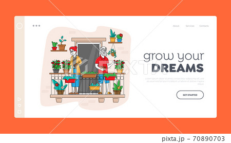 Senior Characters Enjoying Gardening Hobby Landing Page Template. Aged Gardeners Harvesting Tomatoes on Balcony Garden 70890703